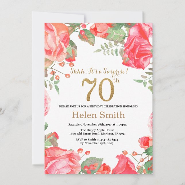 Convites Red Floral Surprise 70 Birthday Dourada Glitter (Frente)