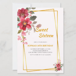 Convites Red Floral Sweet Elegante 16 Frame Dourado