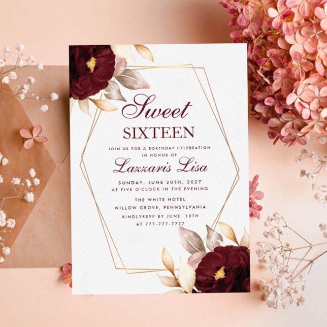 Convites Red Floral Sweet Elegante Dezesseis 16 Aniversário (Criador carregado)