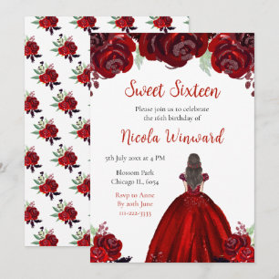 Convites Red Floral Sweet, Princesa do Cabelo Castanho, Dez