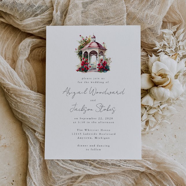 Convites Red Floral Watercolor Gazebo Invitation (An ideal choice for an outdoor spring, summer or fall wedding.)