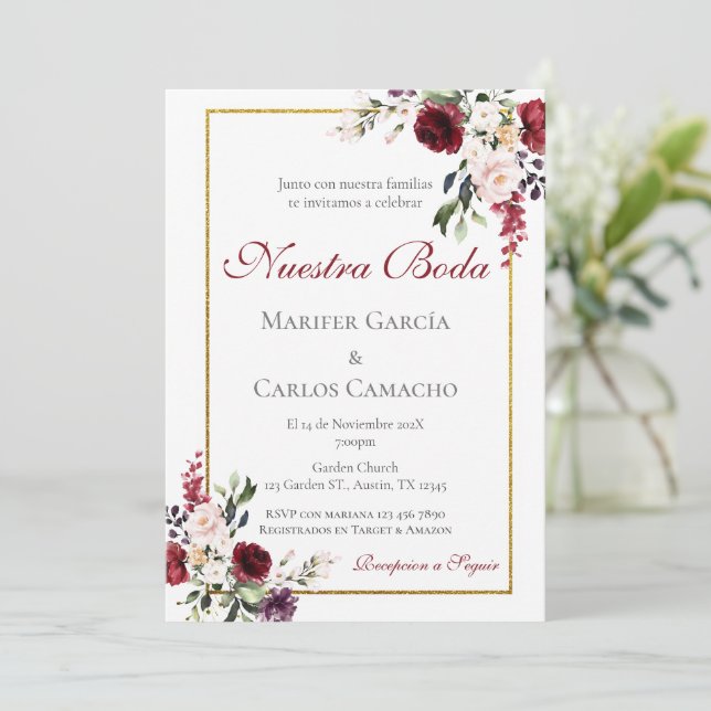 Convites Red Floral Wedding invitation Invitación boda espa (Em pé/Frente)