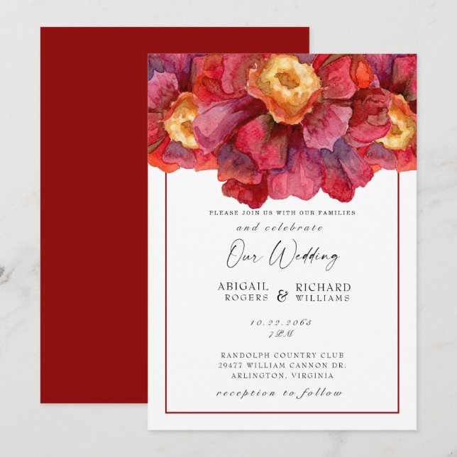Convites Red Floral Wedding Tuscan Bold e Vibrant Invit (Frente/Verso)