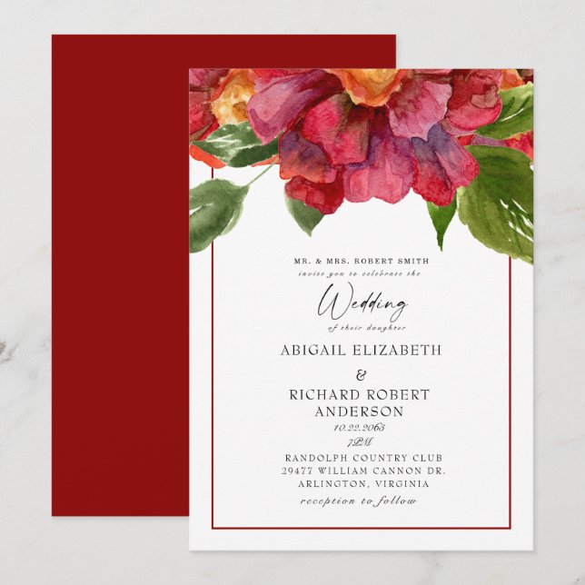 Convites Red Floral Wedding Tuscan Bold Pais (Frente/Verso)