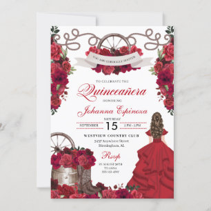 Convites Red Floral Western Ranchero Quinceanera