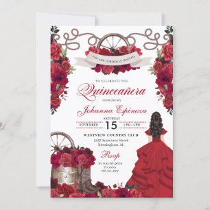 Convites Red Floral Western Ranchero Quinceanera