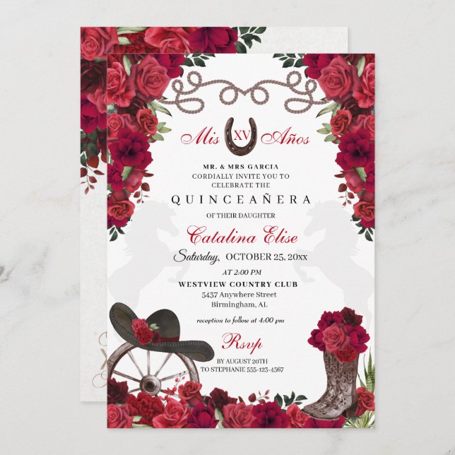 Convites Red Floral Western Ranchero Quinceanera (Frente/Verso)