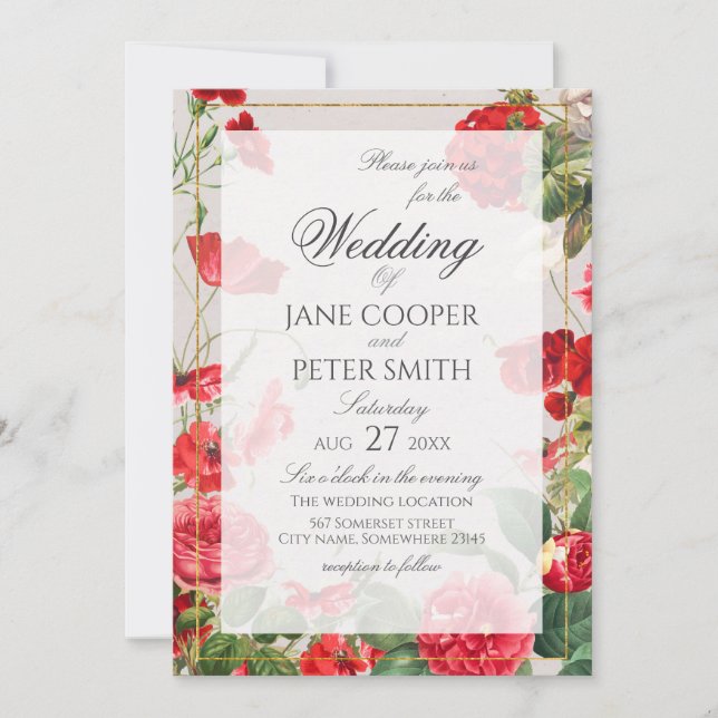 Convites Red flowers bouquet Wedding Invitation (Frente)