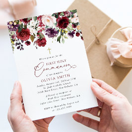 Convites Red Flowers, Pink Flowers, First Holy Communion