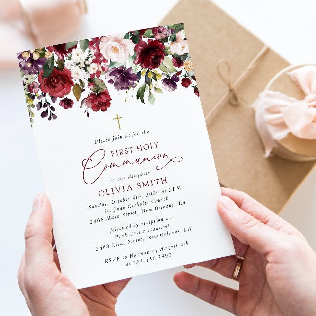 Convites Red Flowers, Pink Flowers, First Holy Communion (Criador carregado)