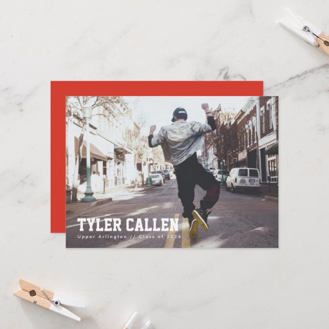 Convites Red Full Photo Grad Announcement (Frente/Verso In Situ)