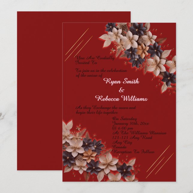 Convites Red Geometric Floral Wedding Invitation (Frente/Verso)