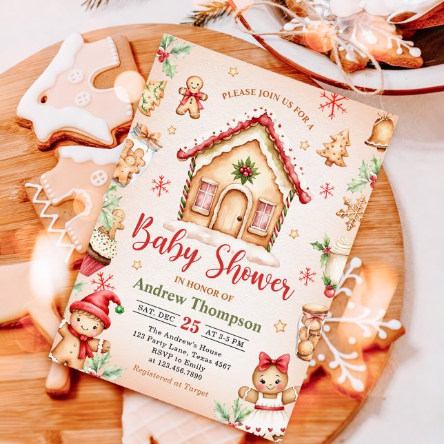 Convites Red Gingerbread House Christmas Baby Shower (Criador carregado)