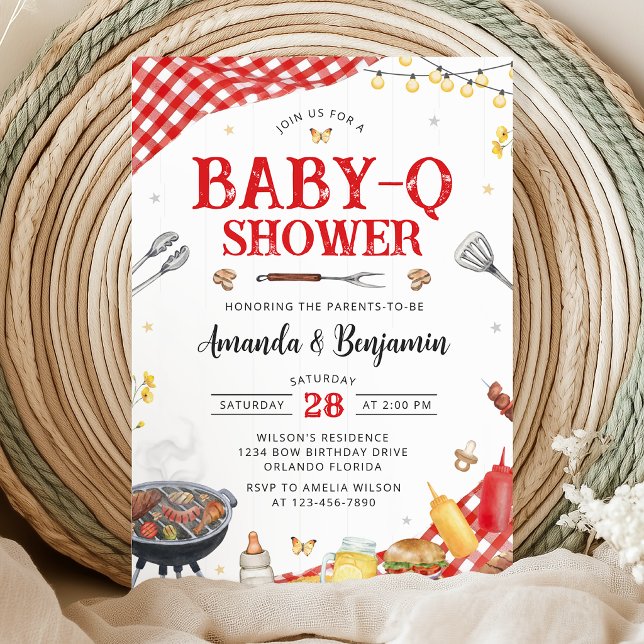 Convites Red Gingham Baby-Q Shower Invitation (Criador carregado)