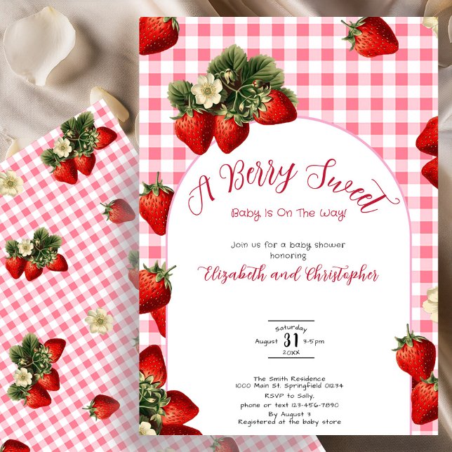 Convites Red Gingham Berry Sweet Strawberry Chá de fraldas (Criador carregado)