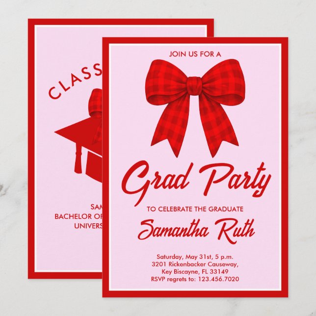 Convites Red Gingham Bow Graduation Party (Frente/Verso)