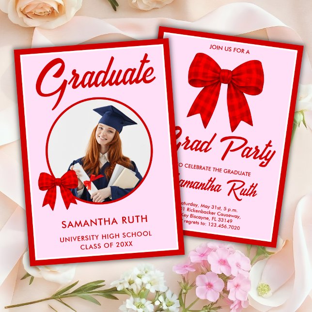 Convites Red Gingham Bow Photo Graduation Party (Criador carregado)