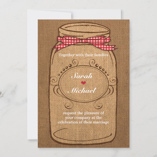 Convites Red Gingham & Burlap Mason Jar Wedding (Frente)