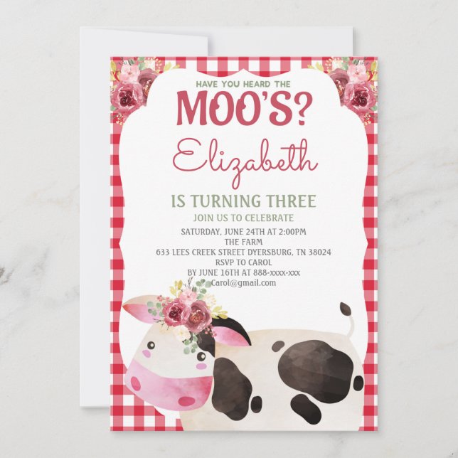 Convites Red Gingham Cow Birthday Farm Animais Barnyard (Frente)