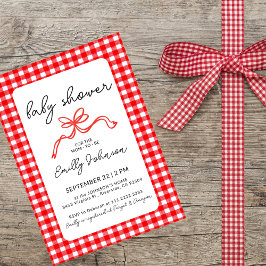 Convites Red Gingham Cute Bow Handwriting Baby Shower