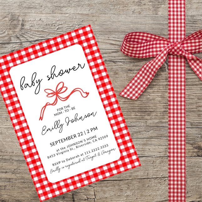 Convites Red Gingham Cute Bow Handwriting Baby Shower (Criador carregado)