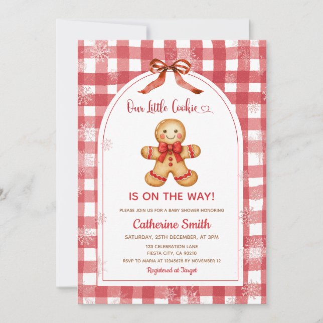 Convites Red Gingham Gingerbread Christmas Baby Shower  (Frente)