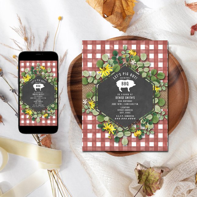 Convites Red Gingham Pig Burlap Floral Birday Churrasco (Criador carregado)