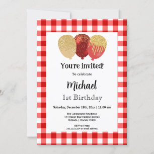 Convites Red Gingham, primeiro aniversario dos Balões do Pa