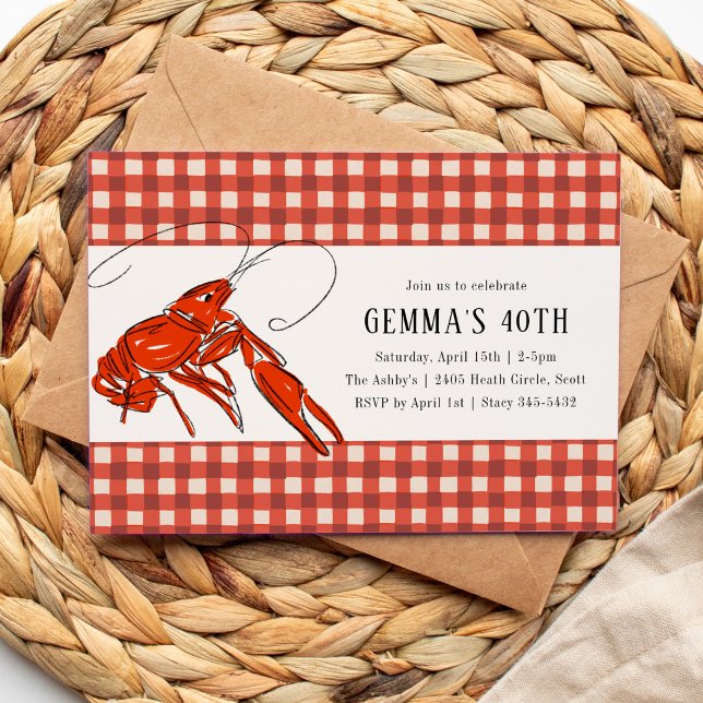 Convites Red Gingham rawfish Boil Seafood Summer Party (Red gingham frames this boiled crawfish birthday party invitation.)