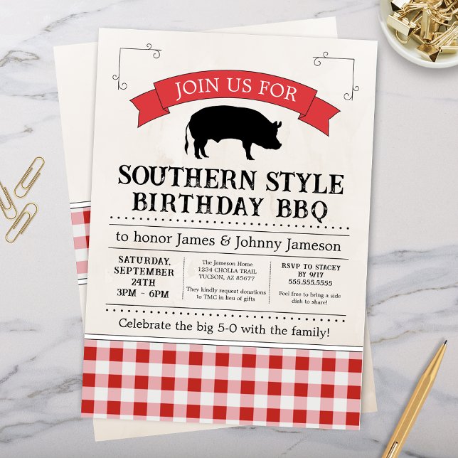 Convites Red Gingham Southern CHURRASCO Pig Roast Birday (Southern Barbeque Birthday party cookout rustic gingham bbq celebration invitation)