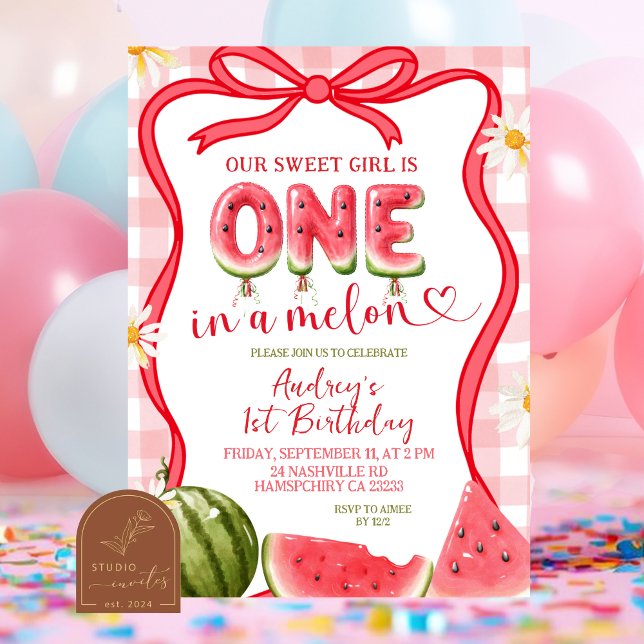 Convites Red Gingham Watermelon Bow Summer Birthday (Criador carregado)