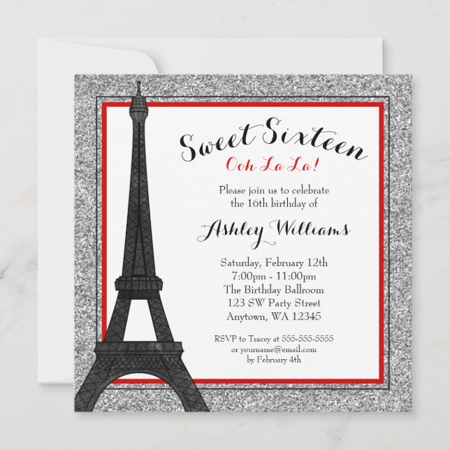 Convites Red Glam Paris Themed Faux Glitter Sweet 16 (Frente)