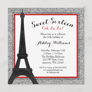 Convites Red Glam Paris Themed Faux Glitter Sweet 16