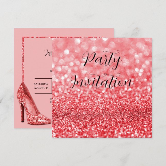Convites Red Glitter Bokeh e Stilettos Aniversário (Frente/Verso)