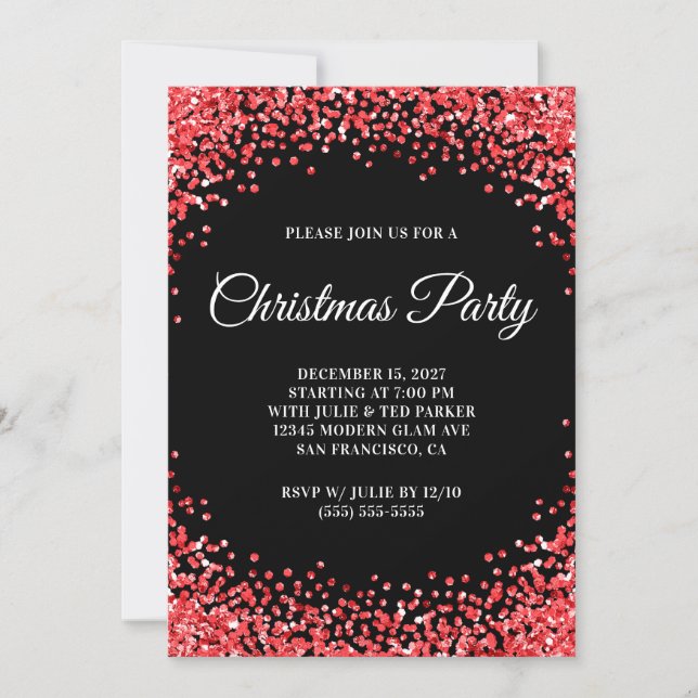 Convites Red Glitter Border Black Christmas Party (Frente)