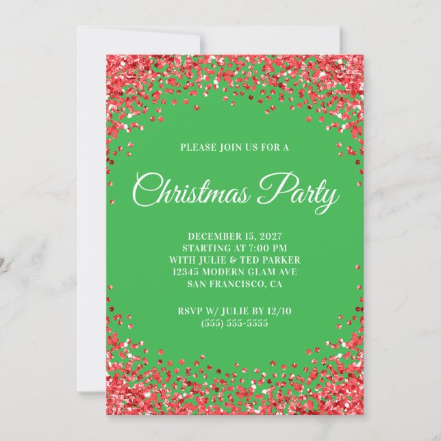 Convites Red Glitter Border Green Christmas Party (Frente)