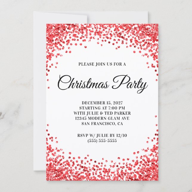 Convites Red Glitter Border White Christmas Party (Frente)