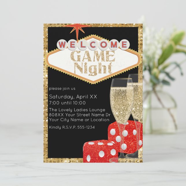 Convites Red Glitter Dice & Champagne Black Game Night (Em pé/Frente)