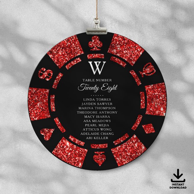 Convites Red Glitter Monogram Poker Chip Casino Wedding (Criador carregado)