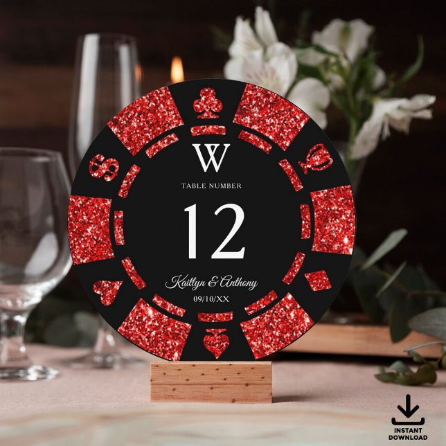 Convites Red Glitter Monogram Poker Chip Casino Wedding (Criador carregado)