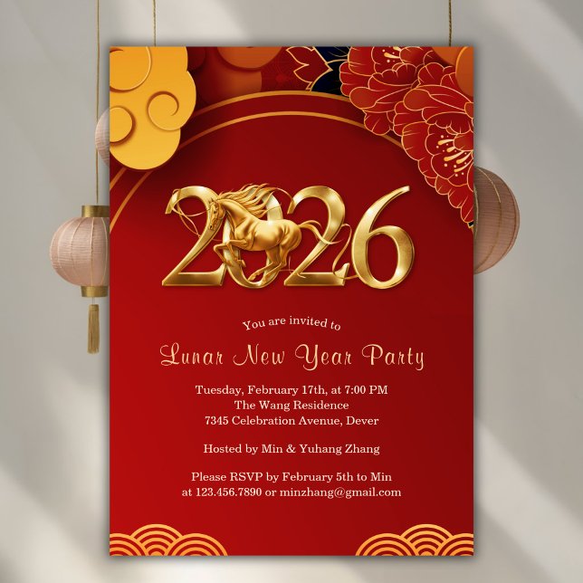 Convites Red Gold 2026 Horse Chinese Lunar New Year Party (Red Gold 2026 Horse Chinese Lunar New Year Party Invitation)
