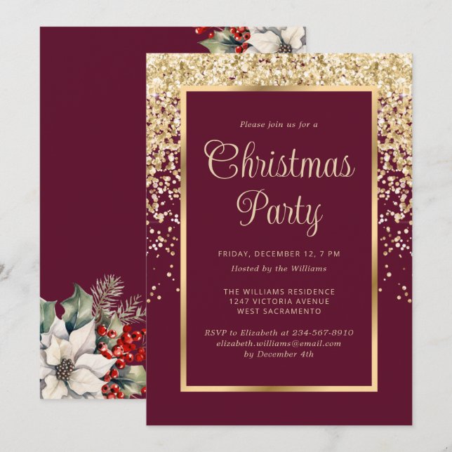 Convites Red Gold Confetti Botanical Christmas Party (Frente/Verso)