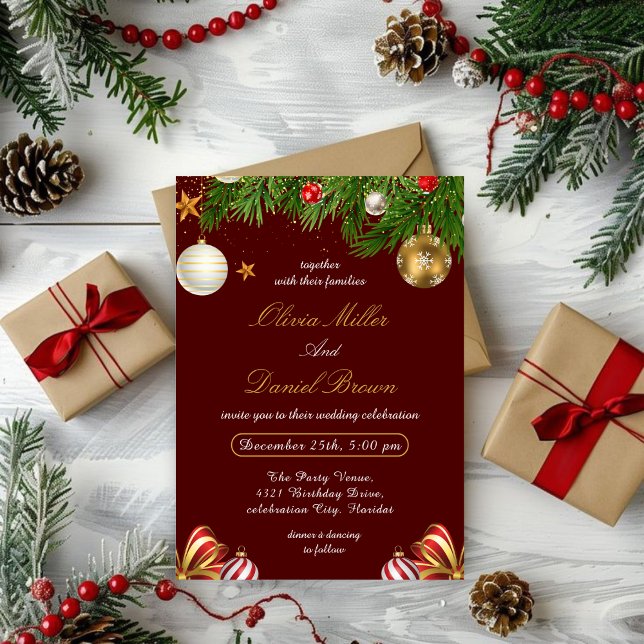 Convites Red,Gold Elegant Christmas holiday winter Wedding (Criador carregado)