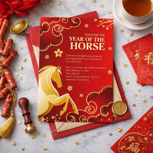 Convites Red Gold Elegant Lunar New Year Horse (Criador carregado)