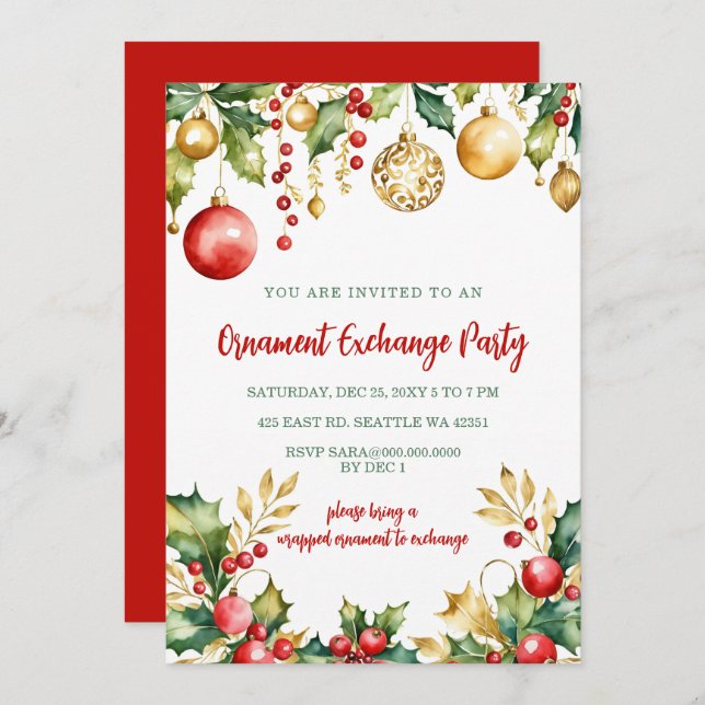 Convites Red Gold Festive Ornament Exchange Christmas Party (Frente/Verso)