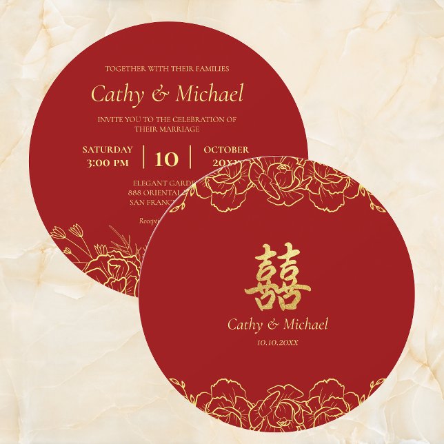 Convites Red gold floral border chinese casamento duplo xi (Criador carregado)