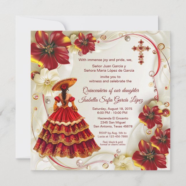 Convites Red Gold Floral Charra Quinze Anos  (Frente)