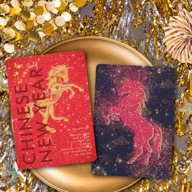 Convites Red Gold Glitter Horse Lunar New Year Party (Criador carregado)