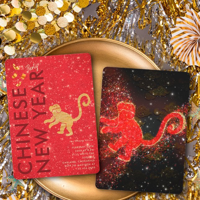 Convites Red Gold Glitter Monkey Lunar New Year Party (Criador carregado)