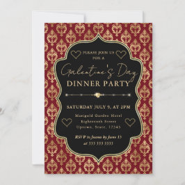 Convites Red & Gold Heart Damask Galentine's Dinner Party